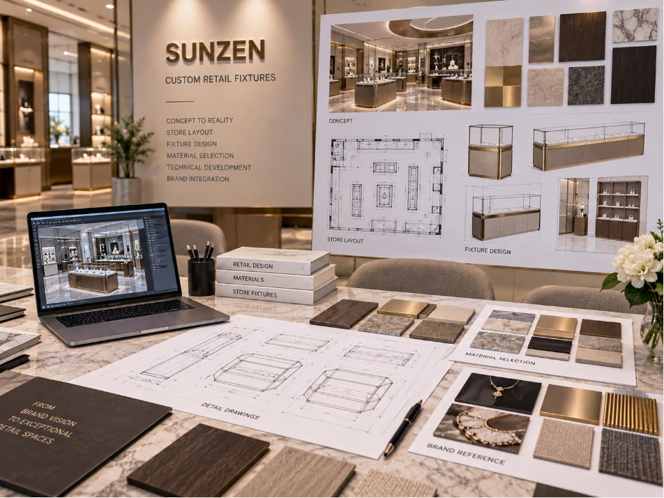 Custom retail fixture development using store layout merchandising requirements fixture functions dimensions materials and brand references
