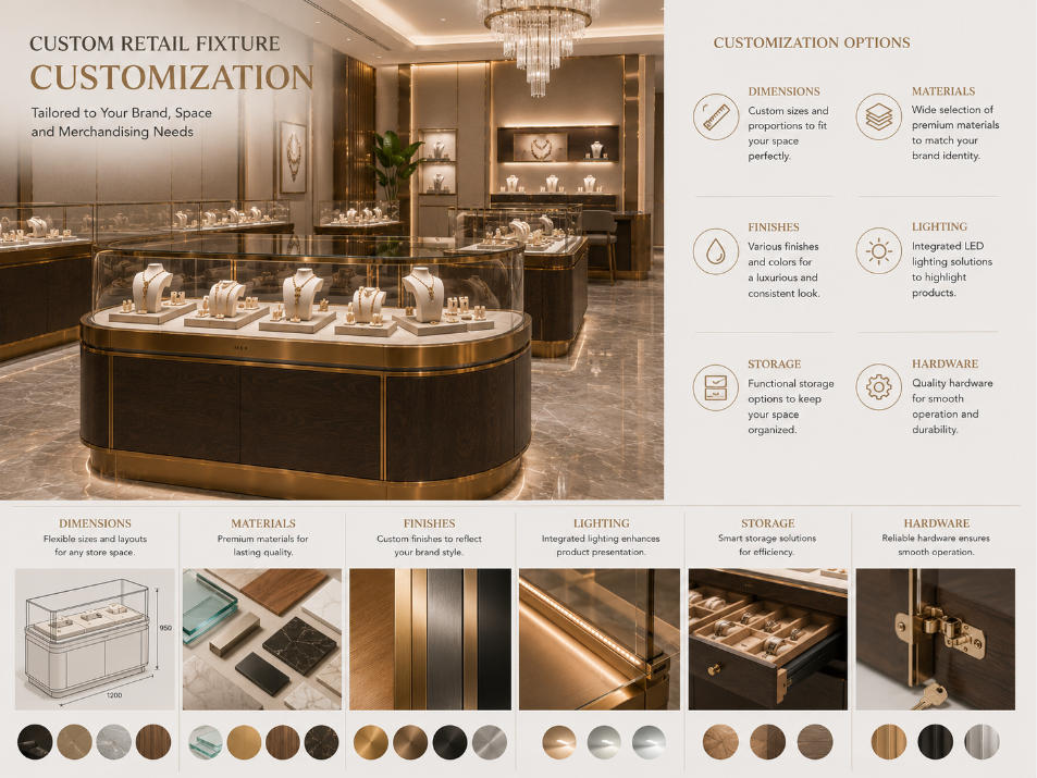 Custom retail display fixture materials dimensions finishes lighting and storage options