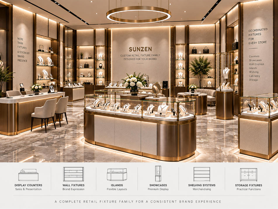 Custom retail fixture family developed with coordinated counters wall displays islands shelving showcases materials and branded finishes