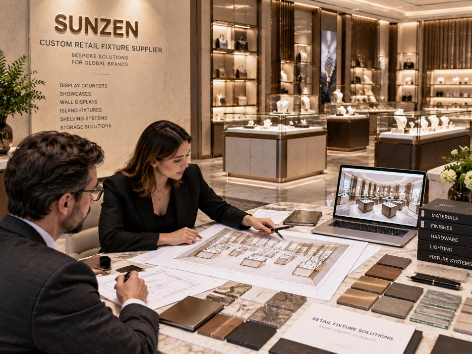 Custom retail fixture supplier coordinating bespoke counters showcases wall displays islands shelving materials finishes and branded store fixtures