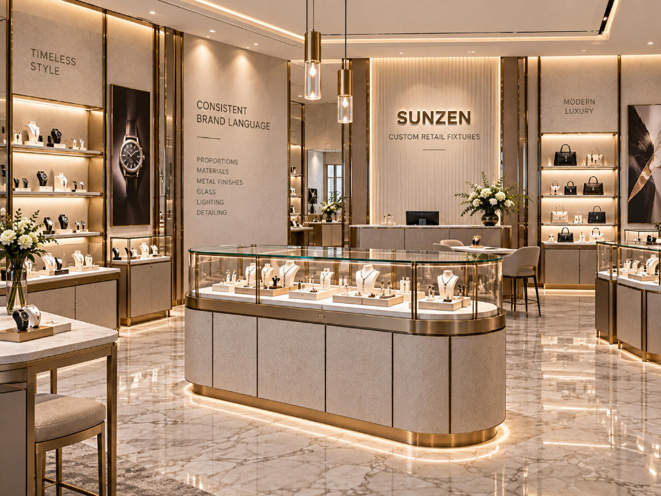 Custom retail fixtures sharing coordinated proportions materials metal finishes glass lighting and detailing across a branded retail store