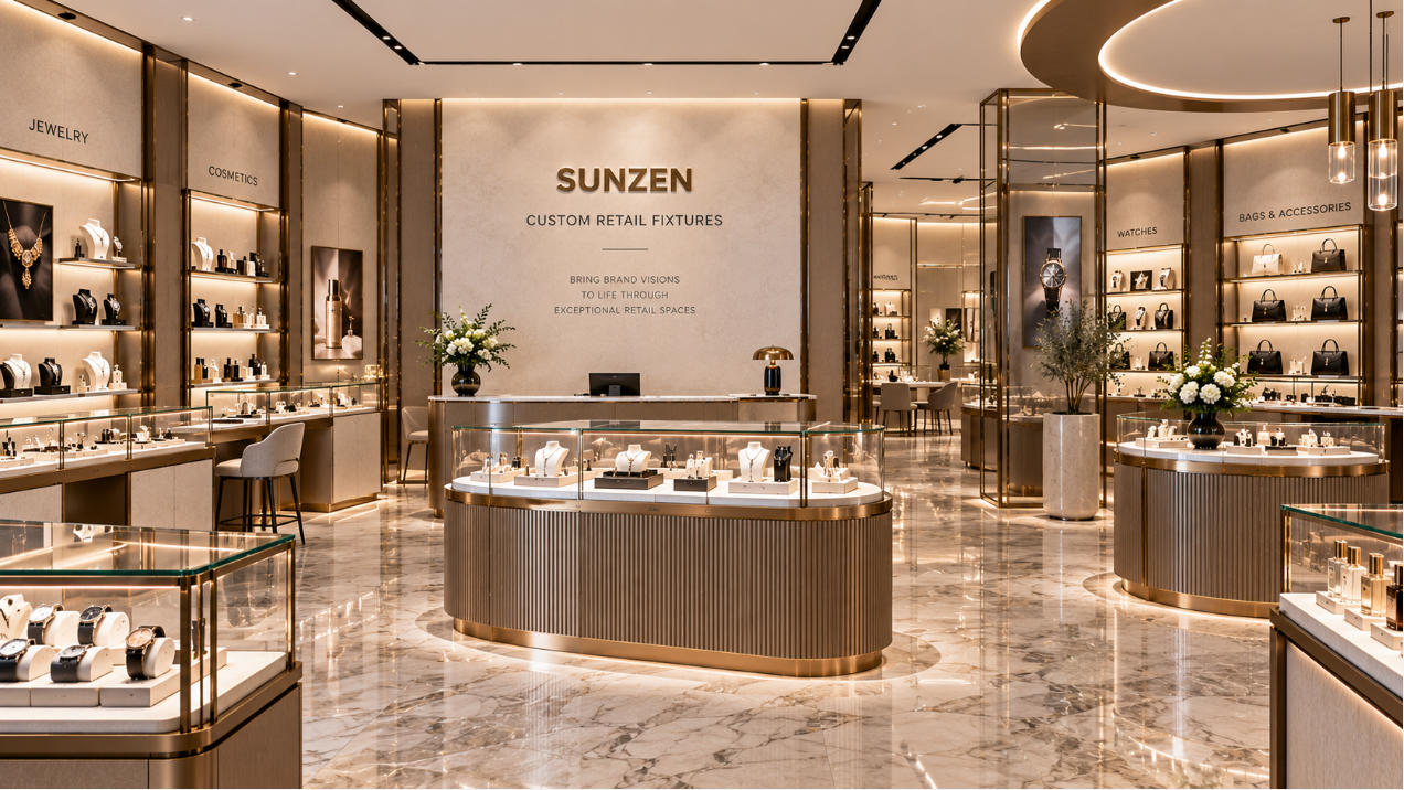 Custom retail fixtures including counters showcases wall displays islands shelving and branded store fixtures developed as a coordinated retail system
