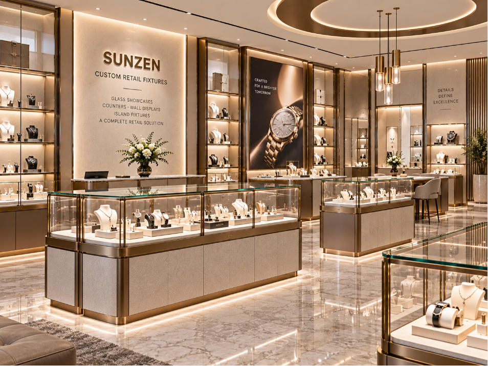 Custom retail glass display cases coordinated with counters wall fixtures and store materials as part of a complete retail fixture family