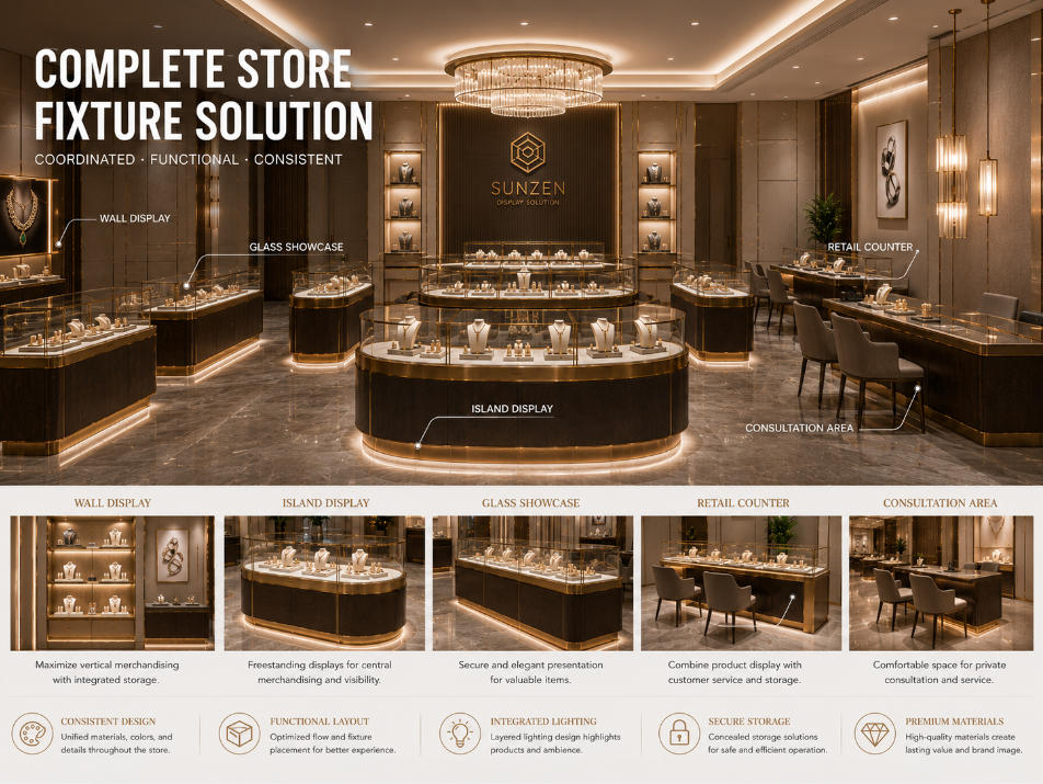 Complete store solution using coordinated custom retail display fixtures