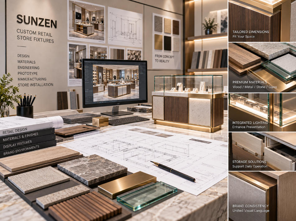 Custom retail store fixtures coordinated through dimensions materials finishes lighting storage branding and product presentation requirements