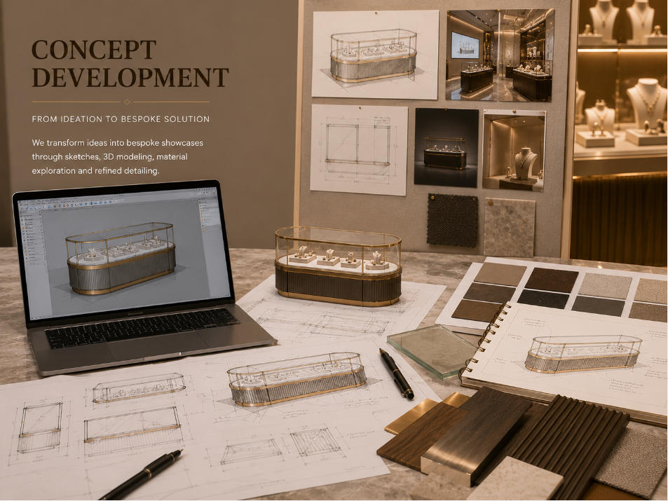 Custom showcase concept development from display requirements and sketches to bespoke display case design