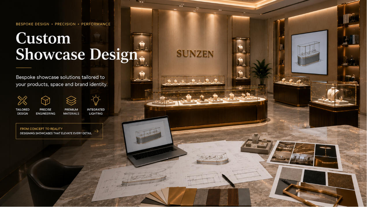 Custom showcase design for luxury retail and exhibition display projects with bespoke glass lighting materials and fixtures