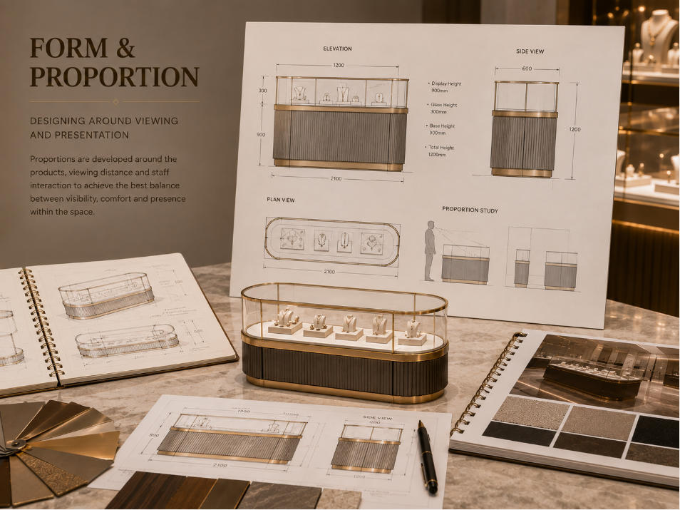 Bespoke showcase design showing display case proportions glass height base dimensions and product viewing relationships