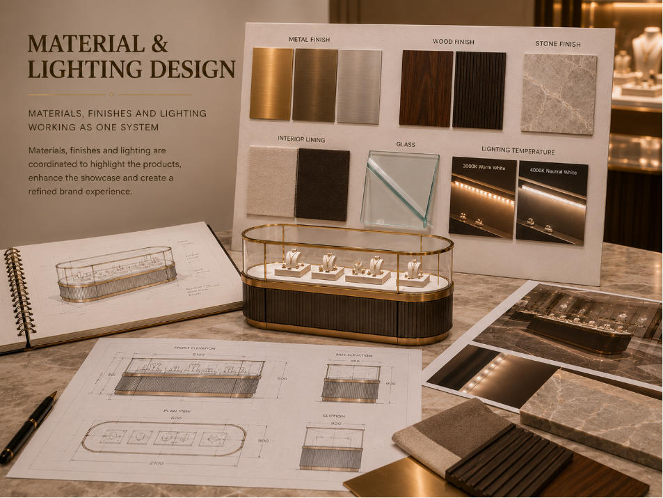 Custom showcase material and lighting design with glass metal wood stone interior lining and integrated LED illumination