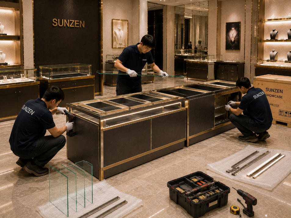Custom showcase installation with modular cabinet glass metal and lighting components being assembled on site