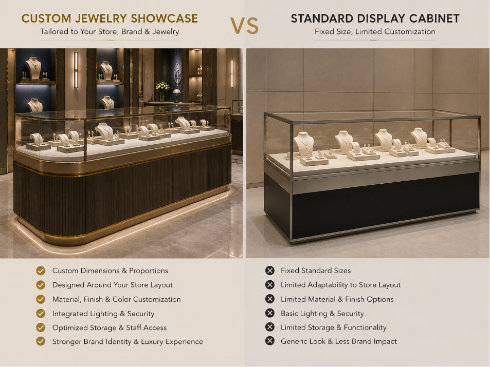 Custom jewelry showcase compared with standard display cabinet for luxury jewelry retail projects