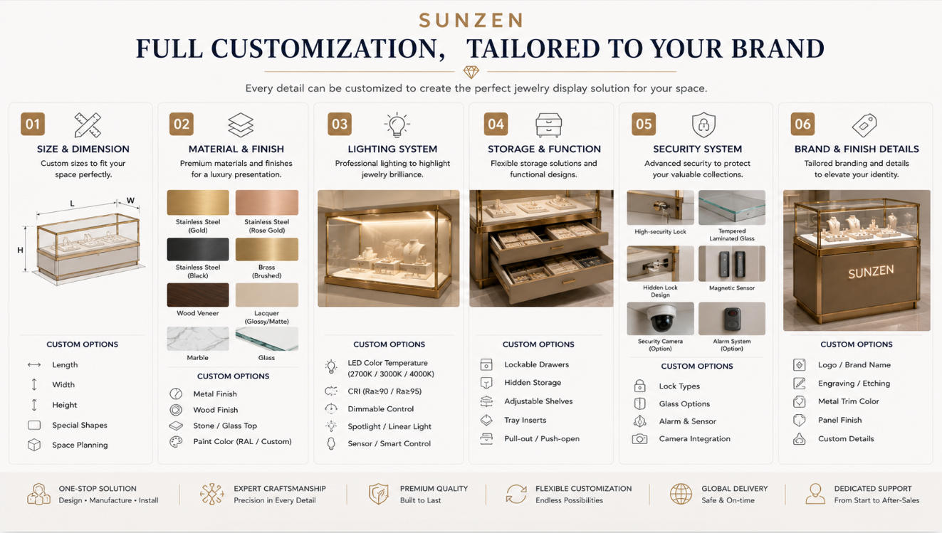 Custom jewelry store fixture options for dimensions materials lighting storage security and brand details