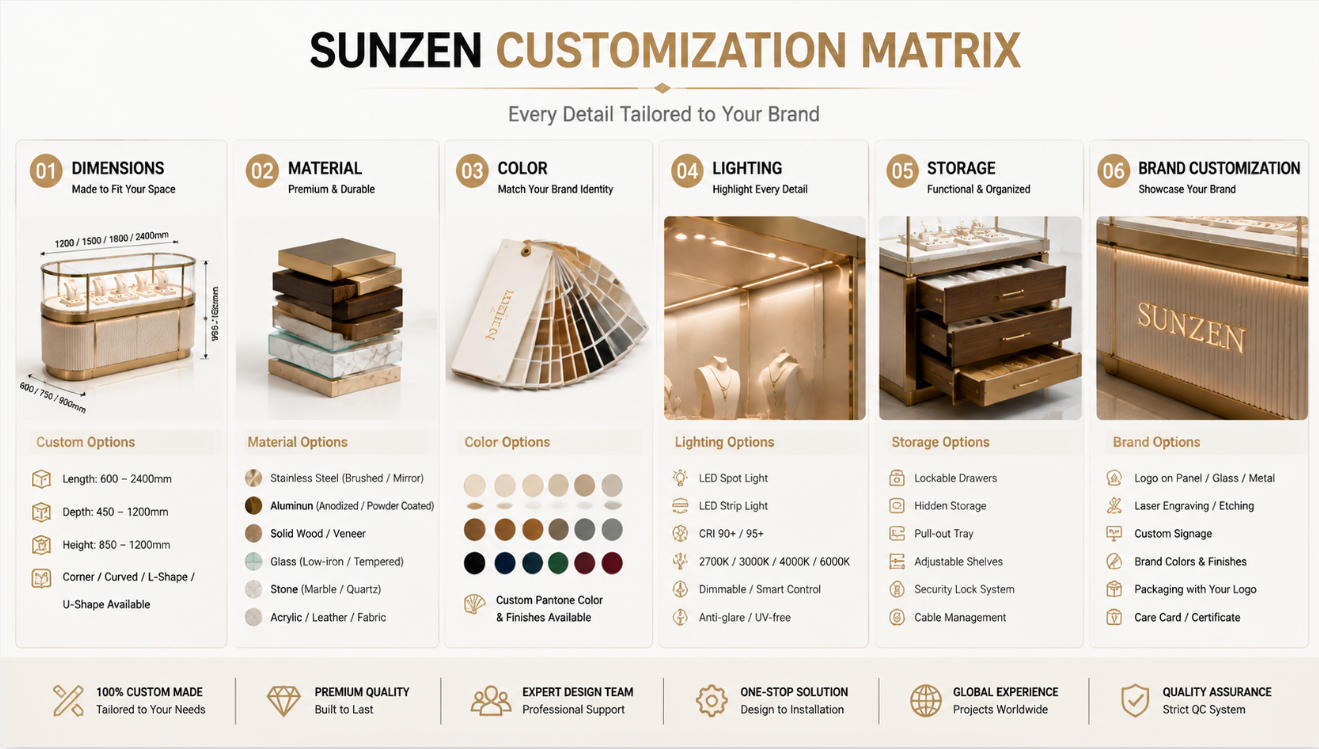 Custom jewelry display case manufacturing with coordinated glass metal cabinetry lighting and final assembly