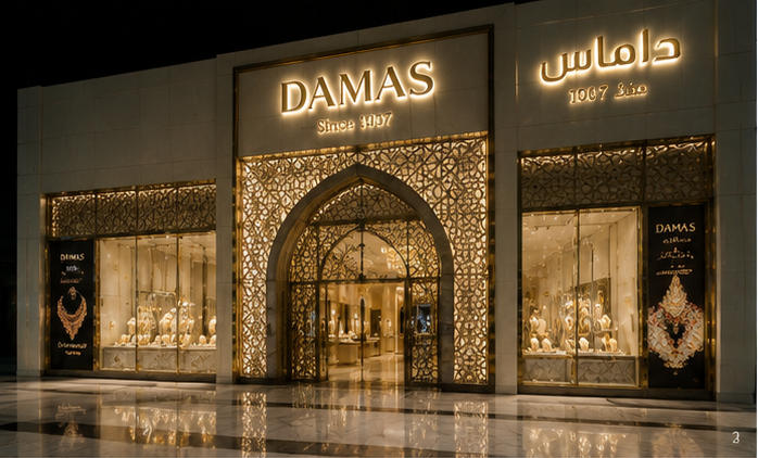 Middle East luxury showcase with marble & champagne metal