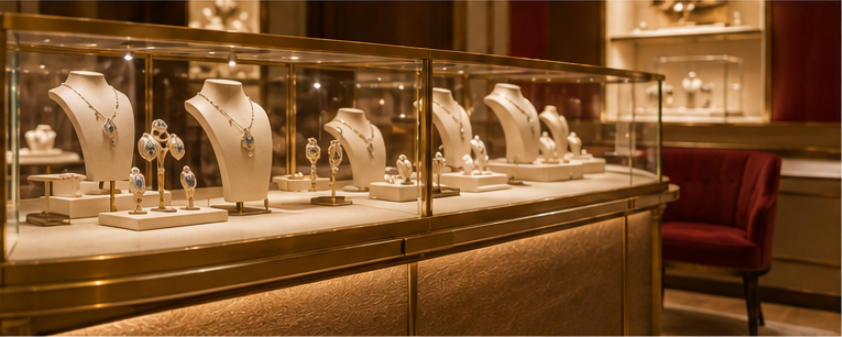 Dark wood art vitrines for heritage jewelry and vintage accessories