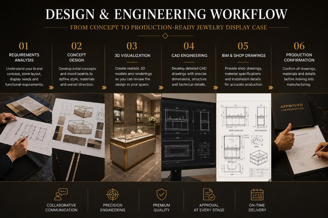 Custom jewelry display case design development with dimensions materials glass lighting and technical engineering