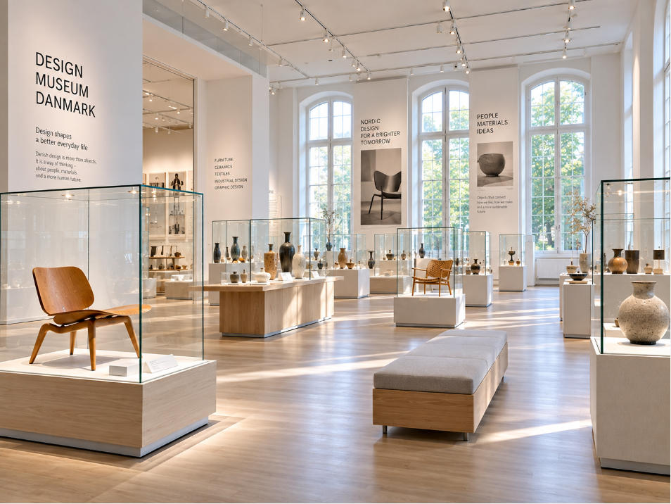 Open Scandinavian design museum layout with modular displays furniture galleries and natural daylight