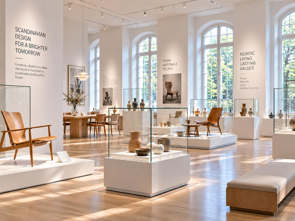 Scandinavian furniture gallery with modular museum displays and natural daylight