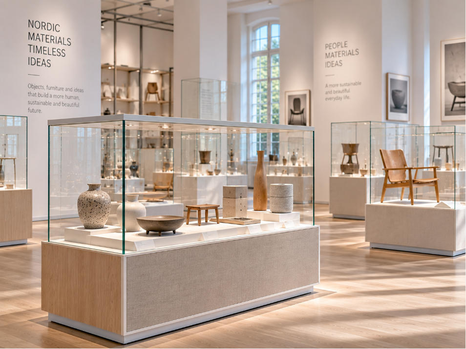 Modular museum showcase detail with timber white metal and linen presentation surfaces
