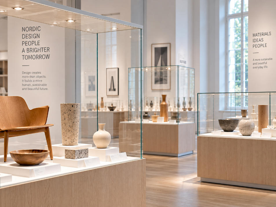 Nordic museum display detail with natural wood white steel and Scandinavian design objects