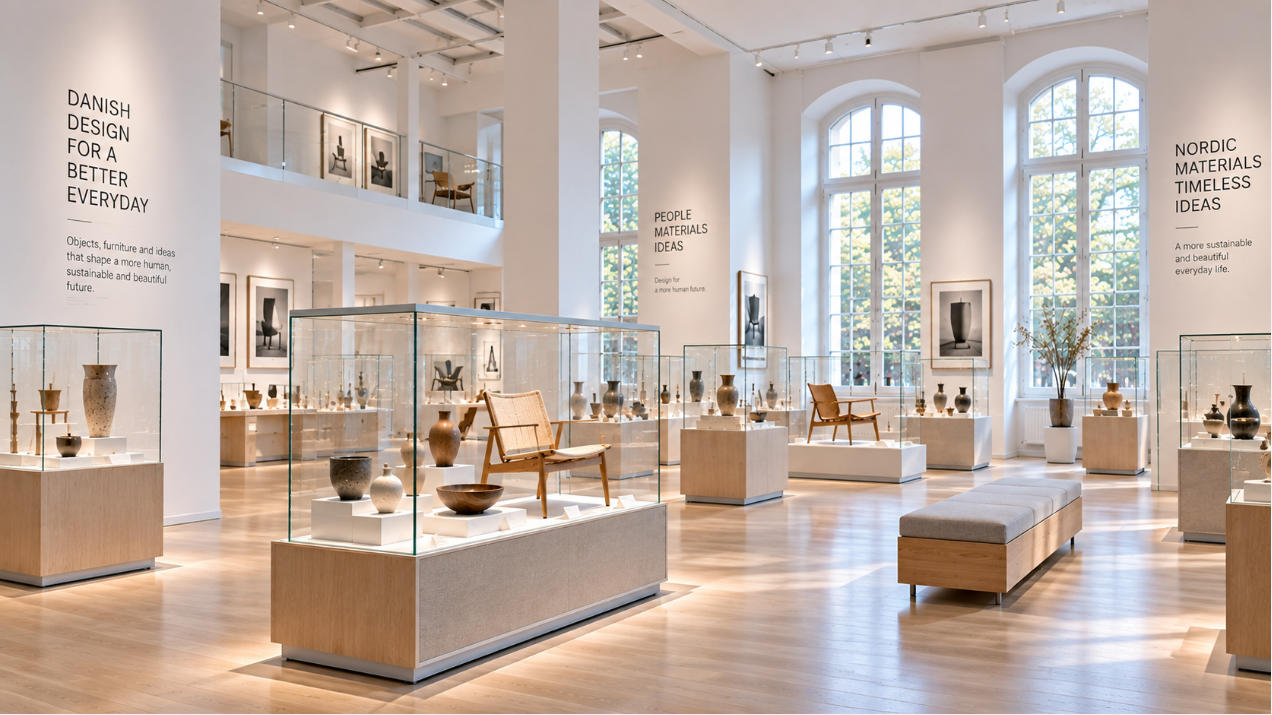 Completed Design Museum Danmark interior with Scandinavian museum display cases and Nordic furniture