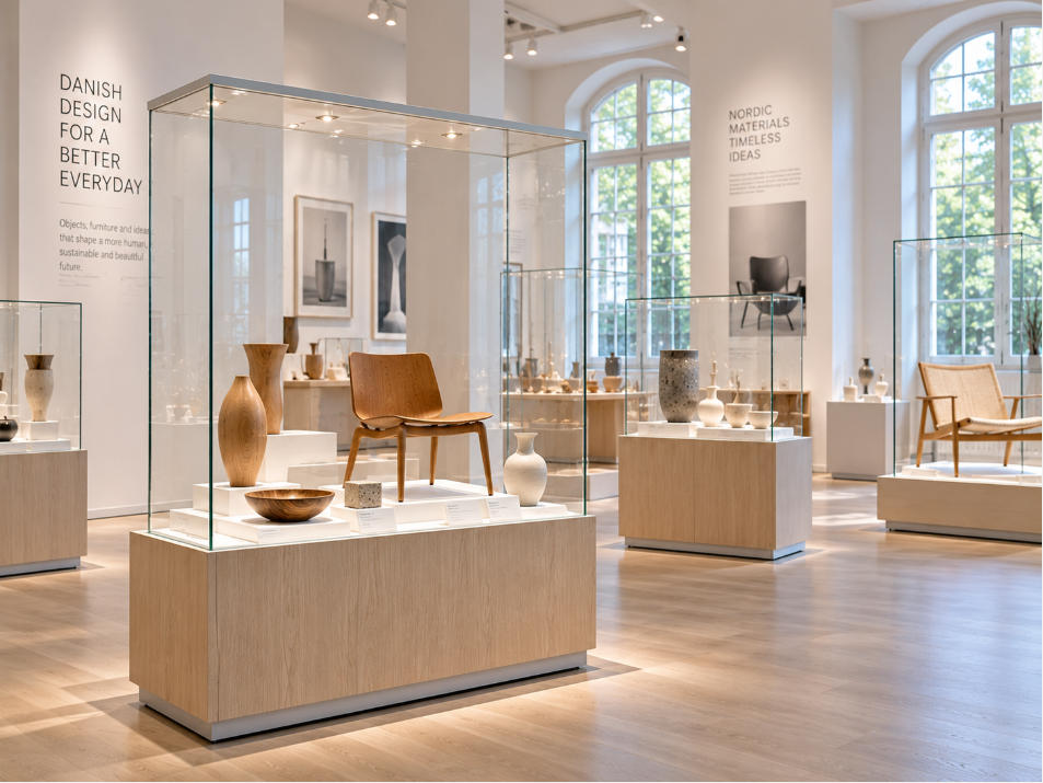 Scandinavian museum display case with natural wood white steel linen surfaces and soft lighting