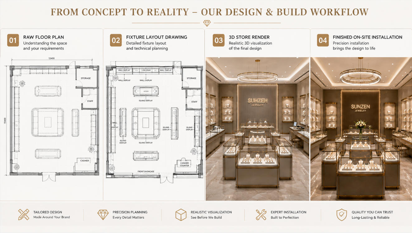 Jewelry store fixture design workflow from floor plan and layout to 3D rendering and finished store