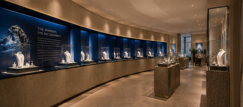 Diamond journey exhibition cases for narrative-themed diamond display