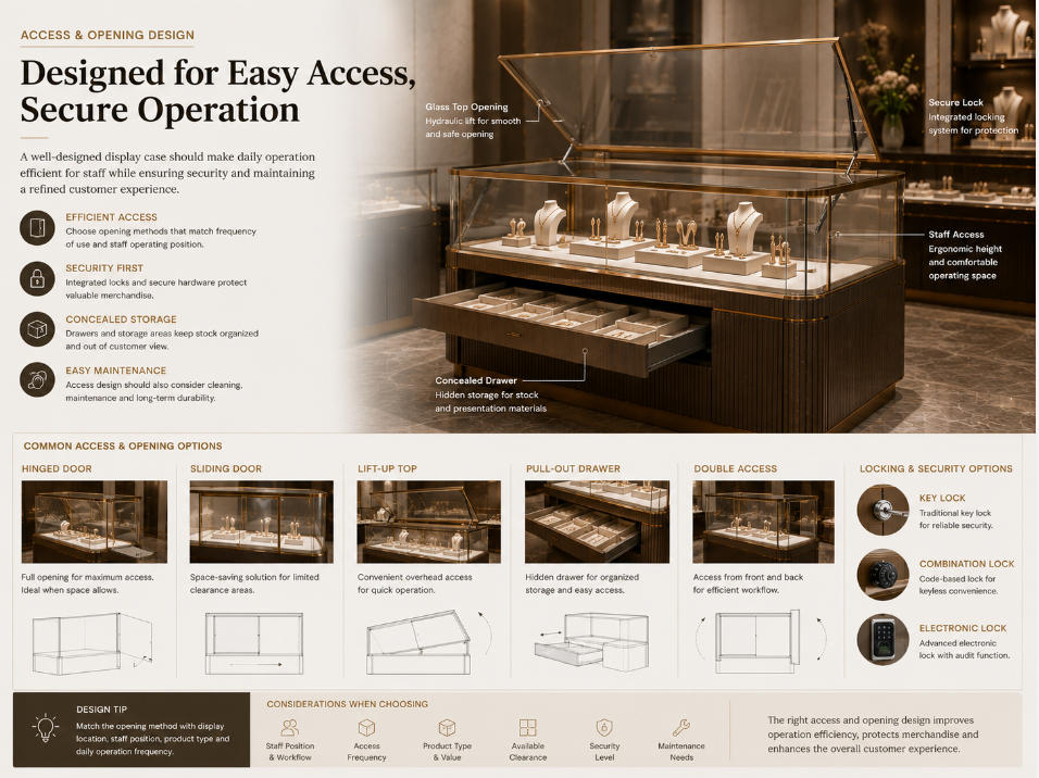 Display case access and opening design showing sliding doors drawers locks storage and staff operation