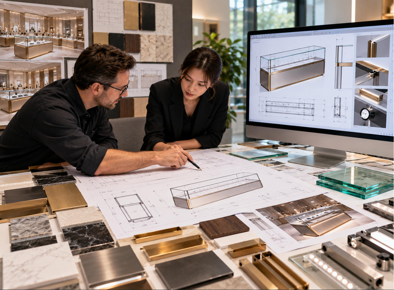 Display case design and engineering review with shop drawings materials glass lighting and hardware