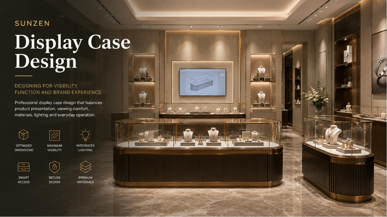 Professional display case design for retail and exhibition environments with coordinated glass lighting materials and product presentation