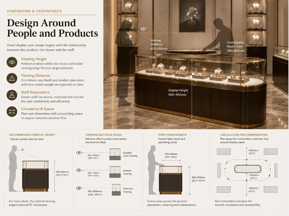 Display case design dimensions and ergonomics showing viewing height customer sightlines staff access and product presentation