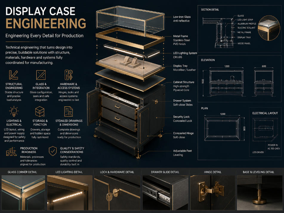 Showcase engineering with CAD drawings structural details glass lighting hardware and production-ready technical development
