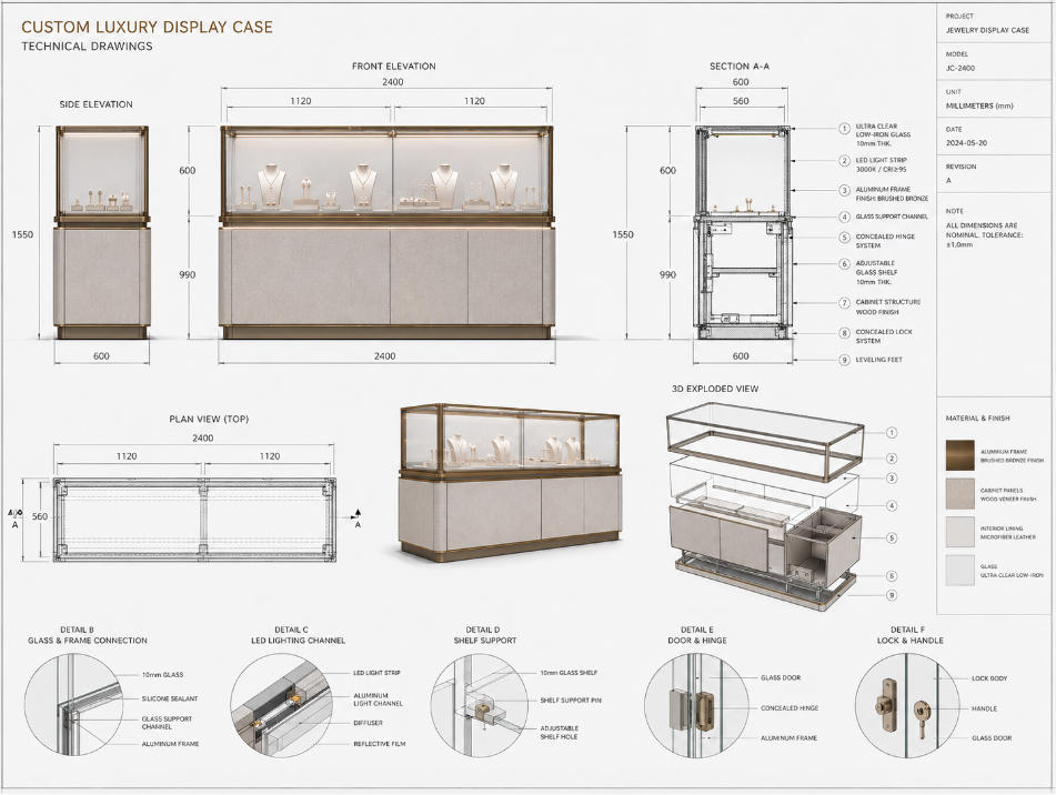 Display case engineering CAD drawings with elevations sections dimensions glass hardware lighting and assembly details