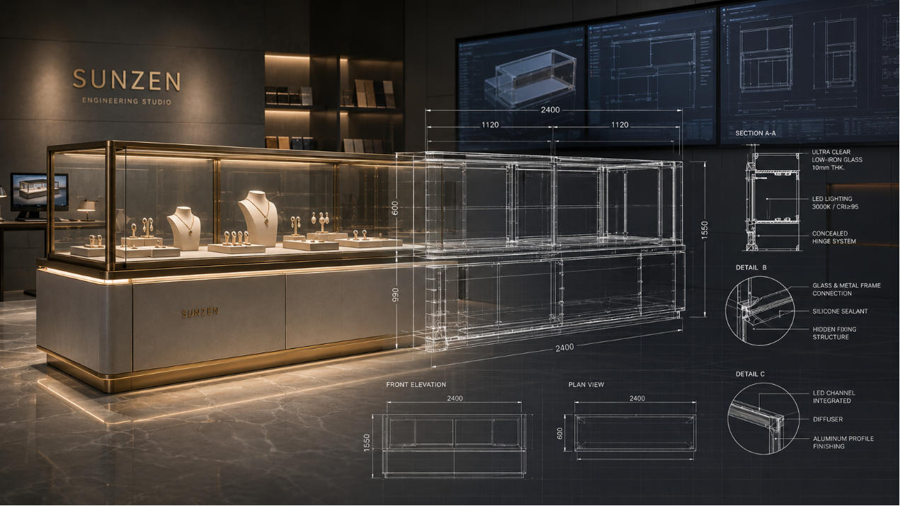 Display case engineering with CAD drawings structural development glass hardware lighting and production-ready technical documentation
