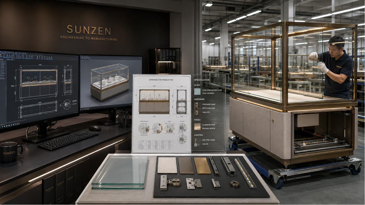 Display case engineering to manufacturing with CAD drawings technical documentation factory assembly glass installation and finished showcase