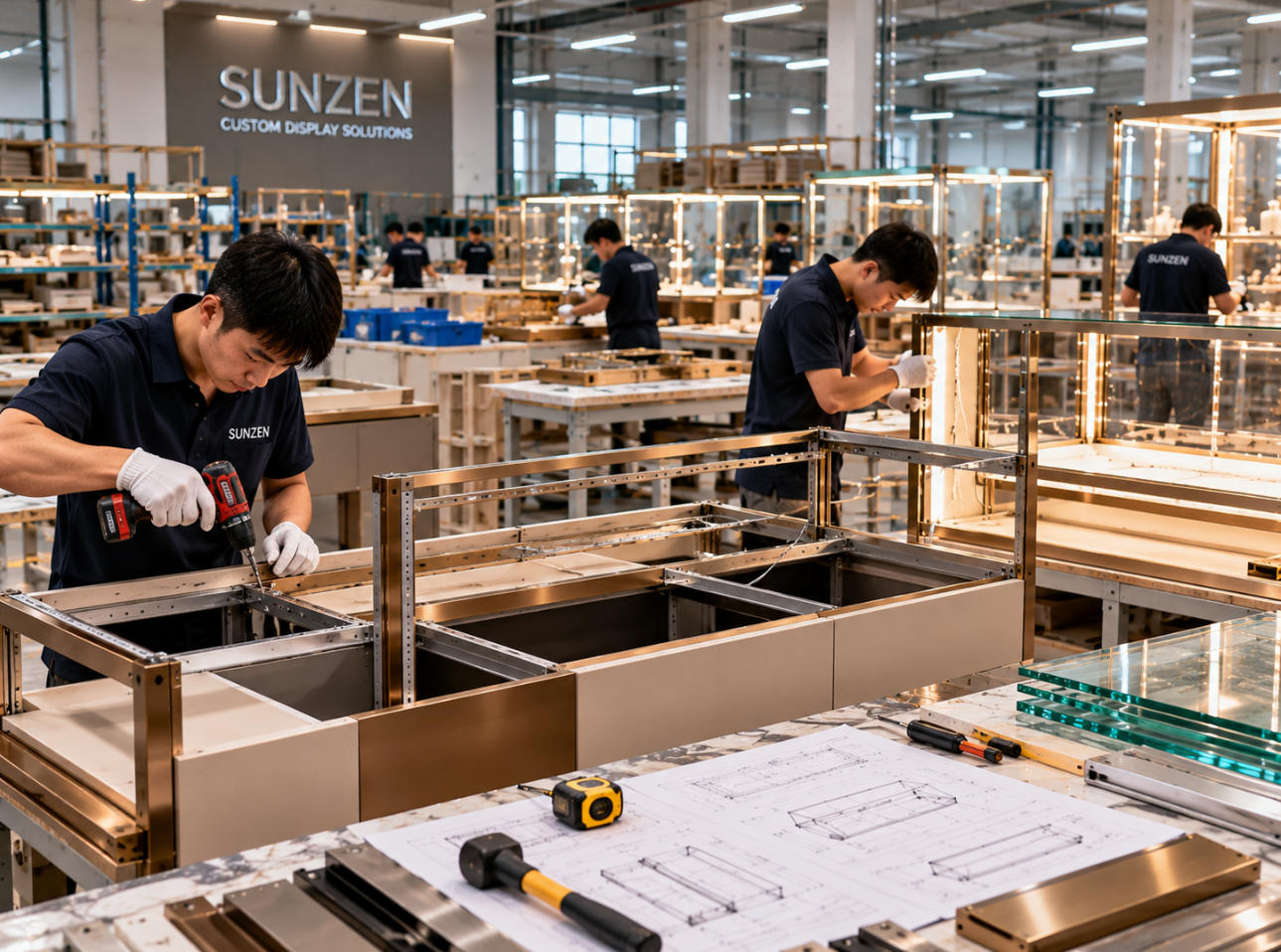 Display case factory verification with workers assembling unfinished custom retail display fixtures