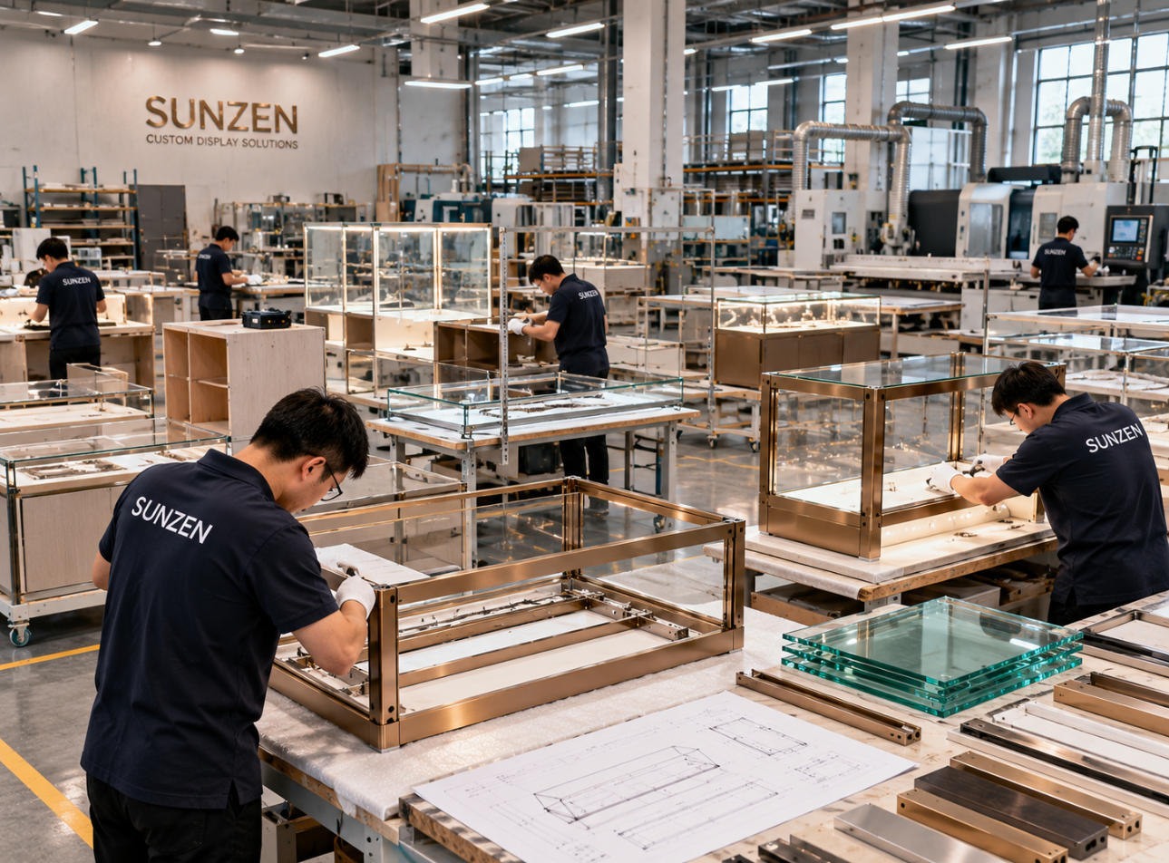Display case factory workshop verification showing active production equipment workers unfinished fixtures and assembly areas