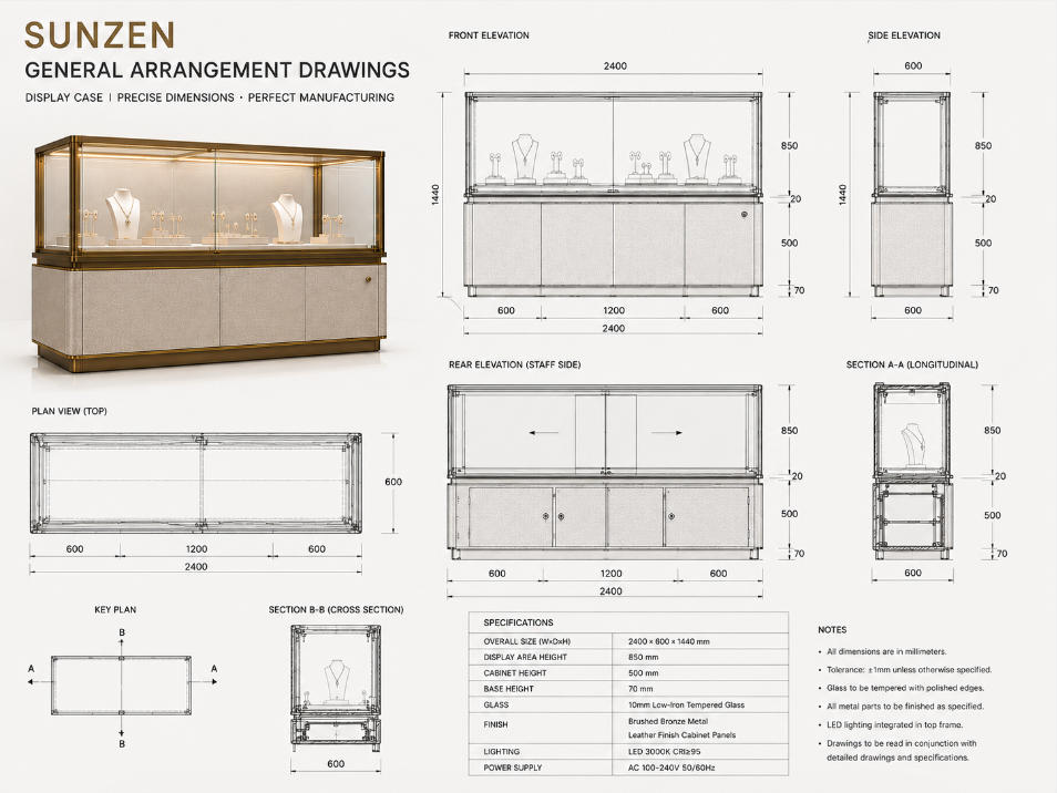 Display case general arrangement drawings with front side rear elevations top plan and dimensions