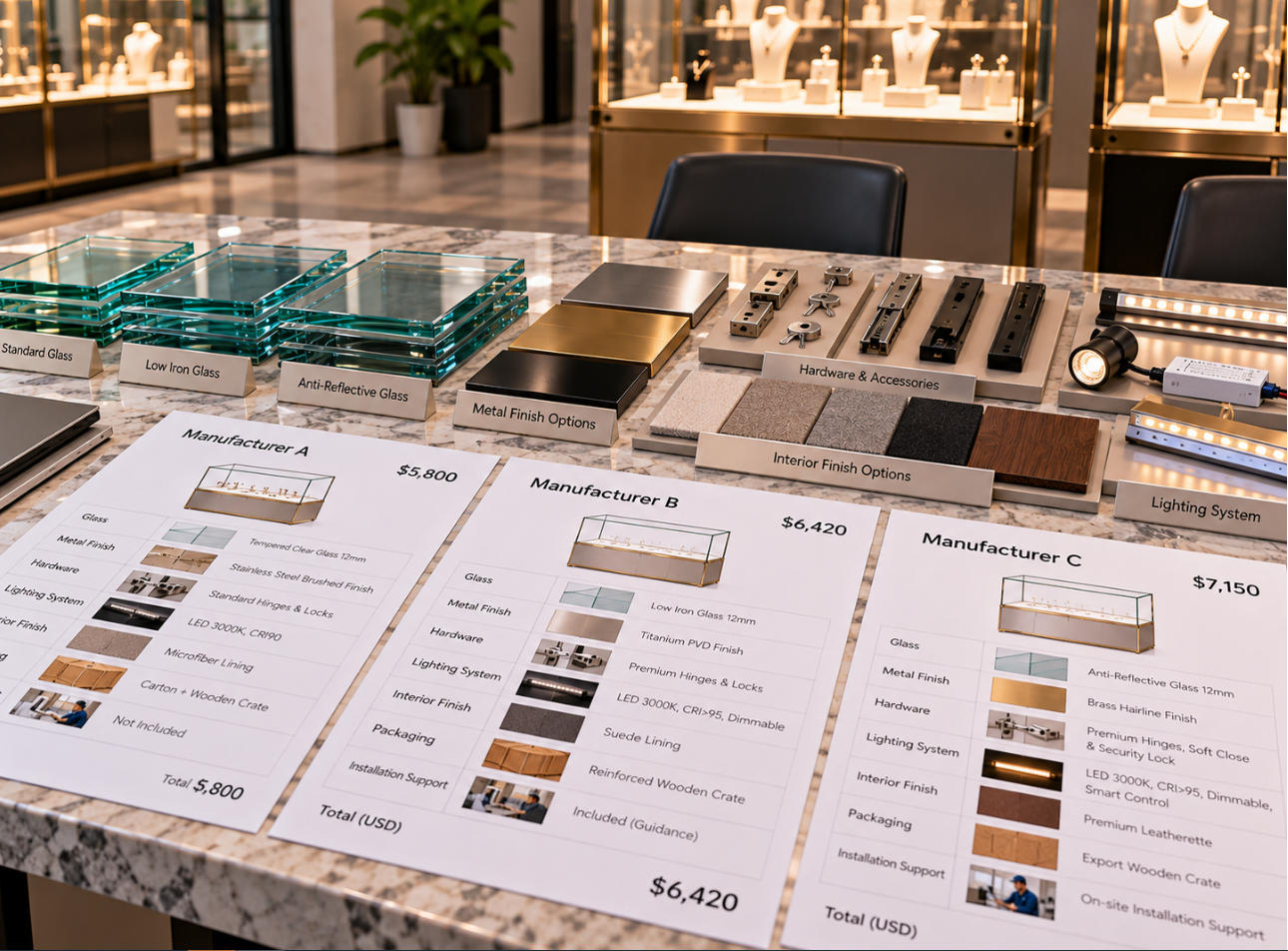 Display case quotation cost comparison of glass hardware lighting metal finishes and fixture components