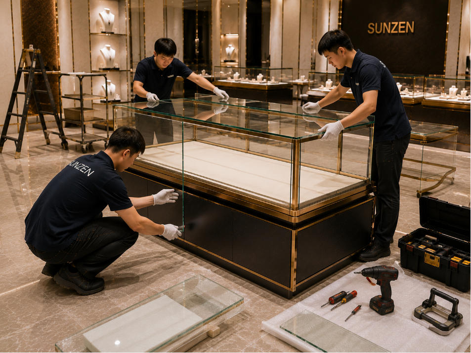Glass display case installation with technicians fitting tempered glass panels doors shelves and metal frame components