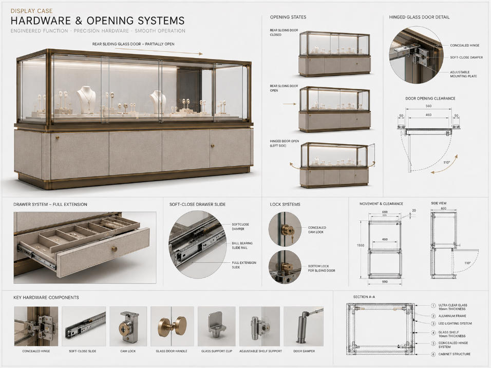 Display case hardware engineering showing hinged doors sliding doors drawers locks clearances and opening movement