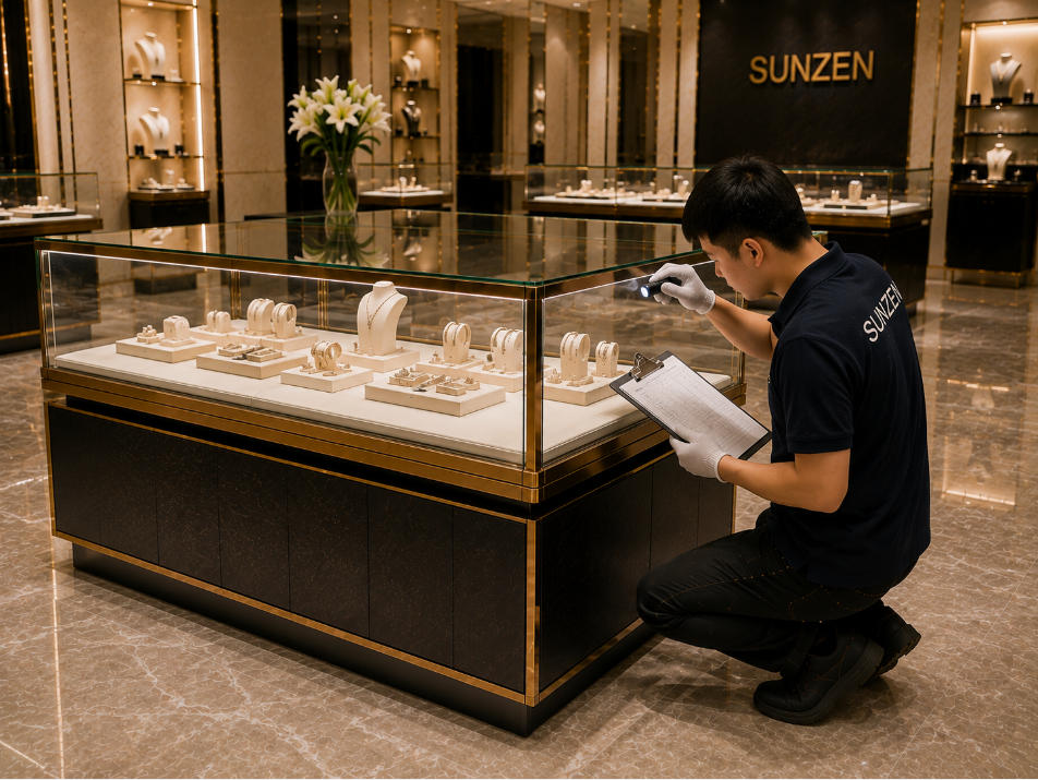 Final display case installation inspection checking glass leveling doors drawers locks lighting and finished cabinet