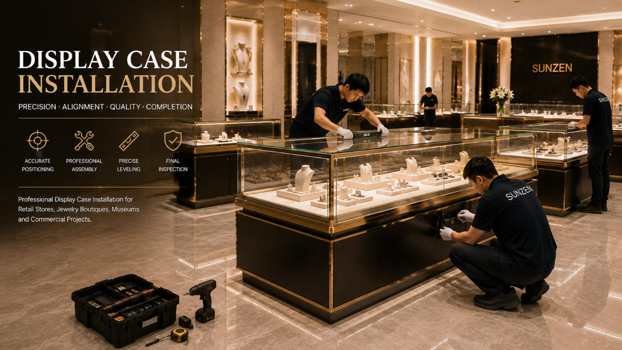 Professional display case installation with custom glass display cabinets being positioned assembled leveled connected and inspected on site