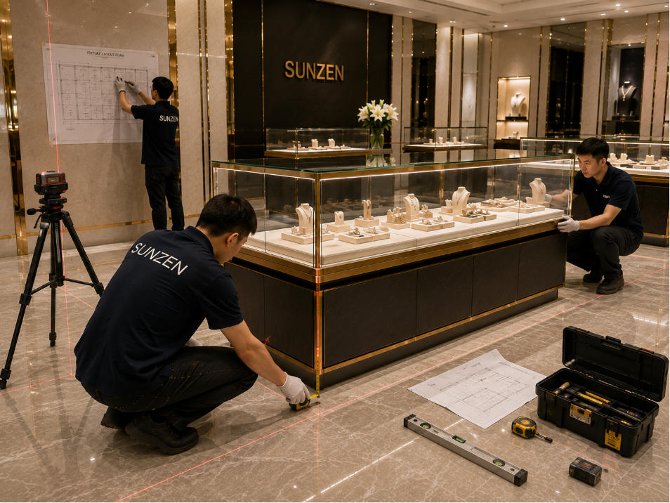 Display case installation technicians using technical drawings measuring tools and laser level to position custom showcase