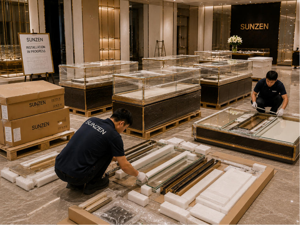Custom display cases delivered to project site with protective packing and components prepared for professional installation