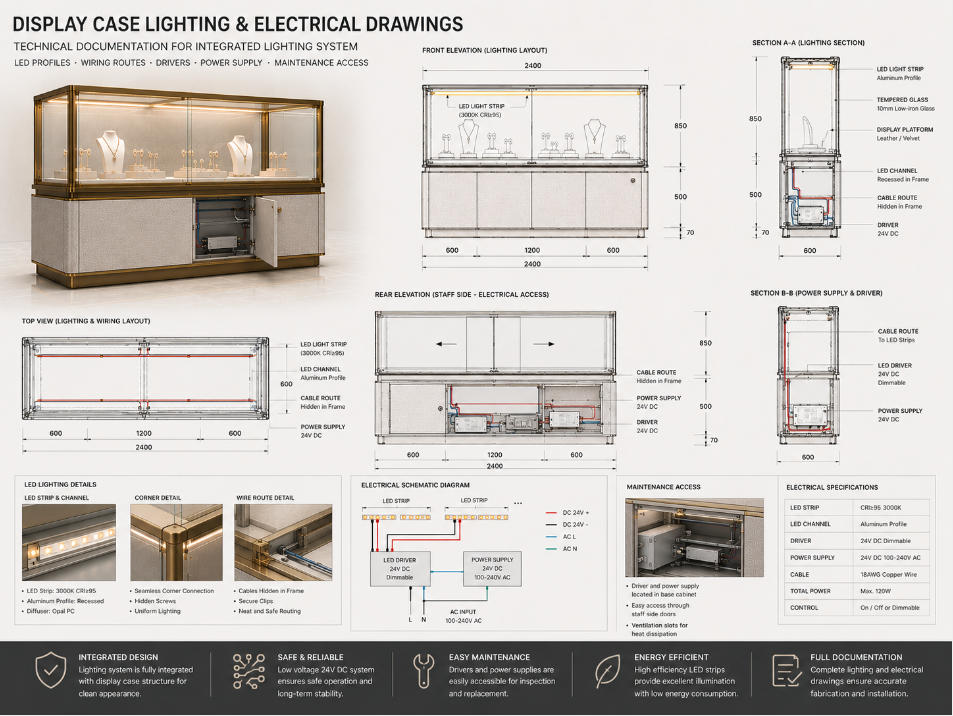 Display case lighting and electrical technical drawings with LED profiles wiring routes drivers power supply and maintenance access