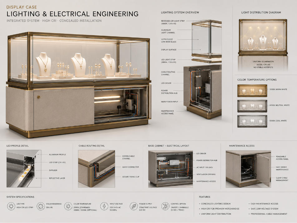 Display case lighting and electrical engineering showing LED channels wiring routes drivers connectors and maintenance access