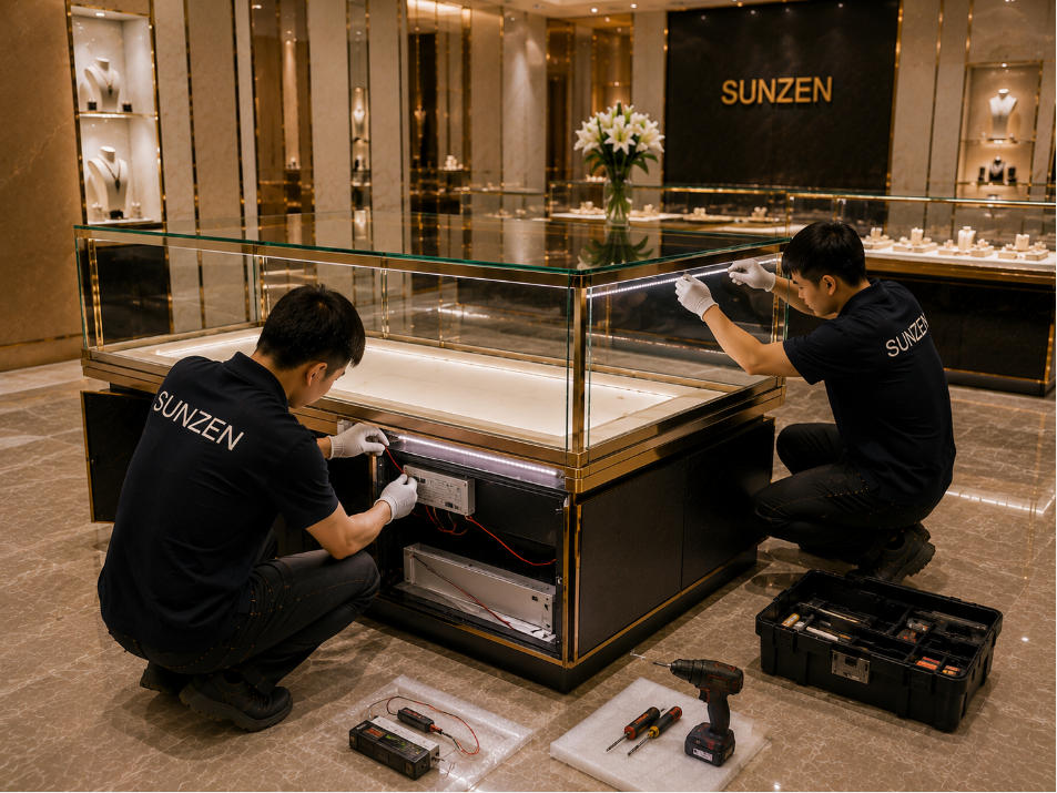 Display case installation technicians connecting integrated LED lighting wiring drivers and electrical components
