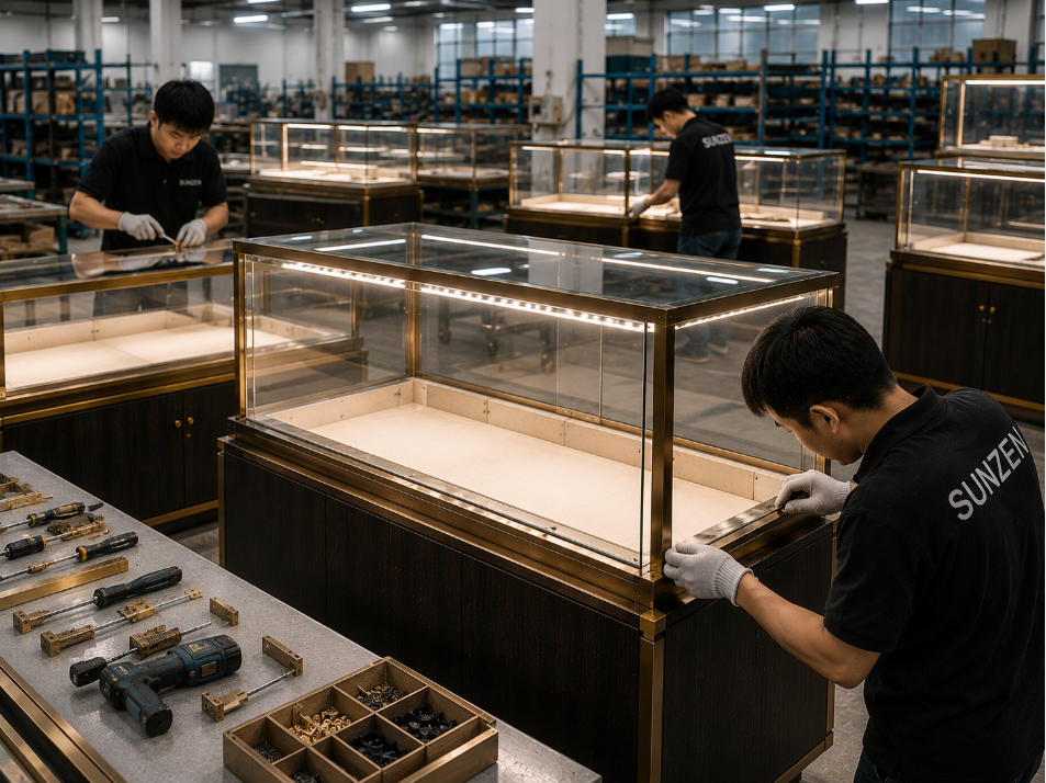 Display case manufacturer assembling premium custom glass showcase with lighting hardware and cabinetry